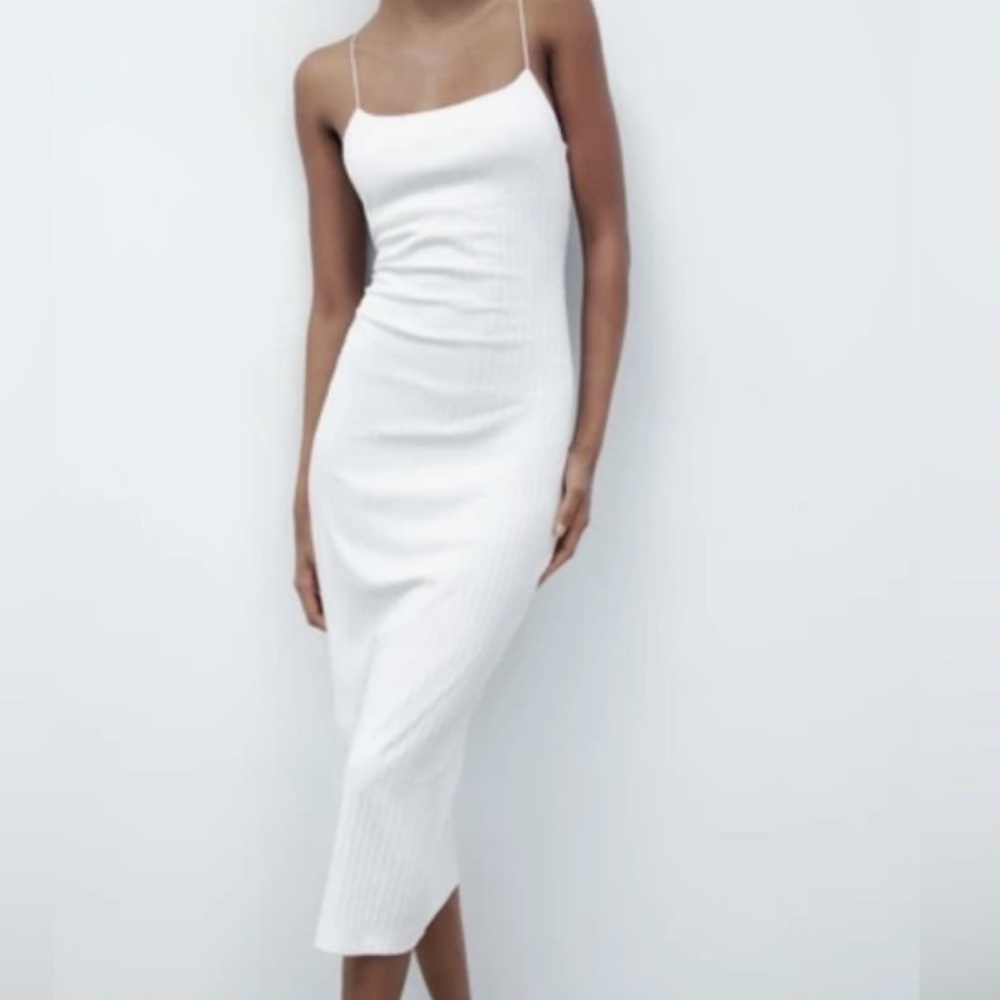 Zara Ribbed White Midi Dress